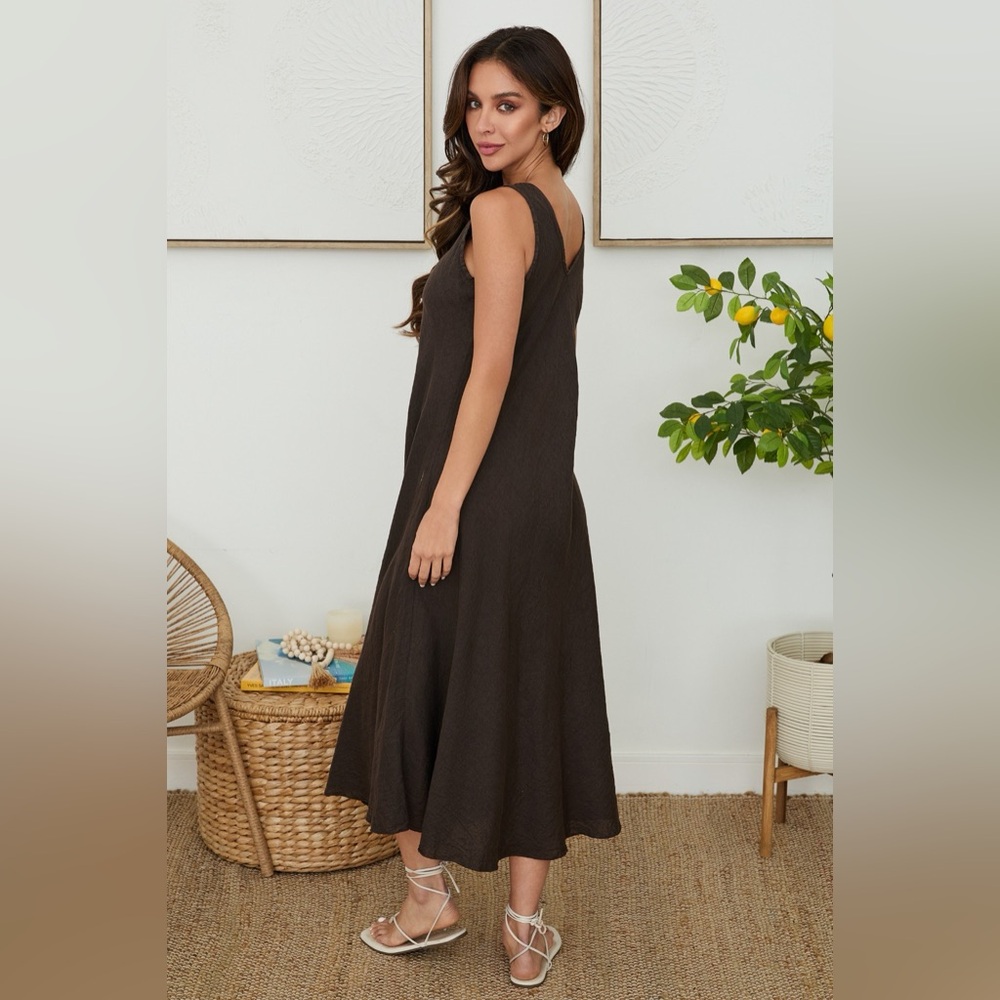 (800866/191333-CHO) ITALIAN LINEN MAXI V-NECK DRESS - Picture 3 of 3